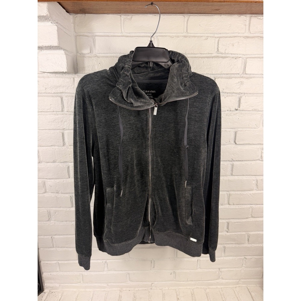 Calvin Klein Womens M Gray Velour Cowl Neck Full Zip Hoodie Jacket
